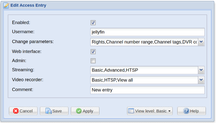 TVHeadend User Configuration