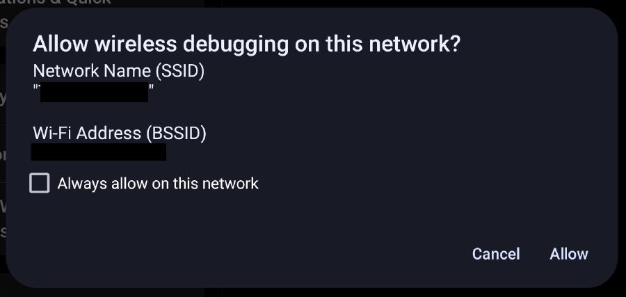 The dialog prompting for permission to allow debugging on the current network