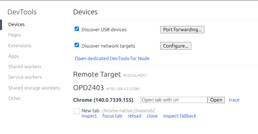 Chrome inspect tools on the devices page showing the connected wireless device