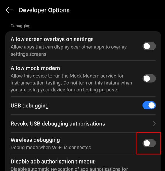 The Developer Options page with the toggle switch for Wireless Debugging highlighted