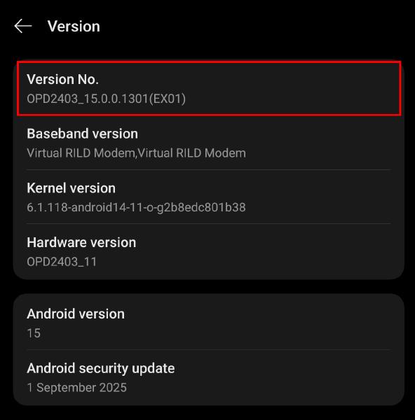 The Version settings page with Version No. highlighted used to enable developer mode