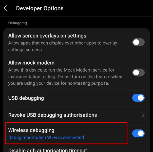 The Developer Options page with the left side of the Wireless Debugging option highlighted for opening the Wireless Debug options