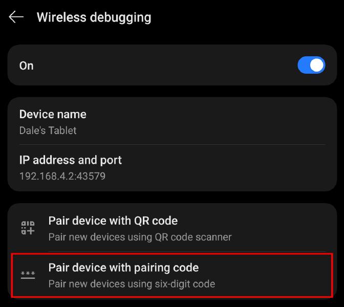 The Wireless Debugging page with the option to start pairing highlighted